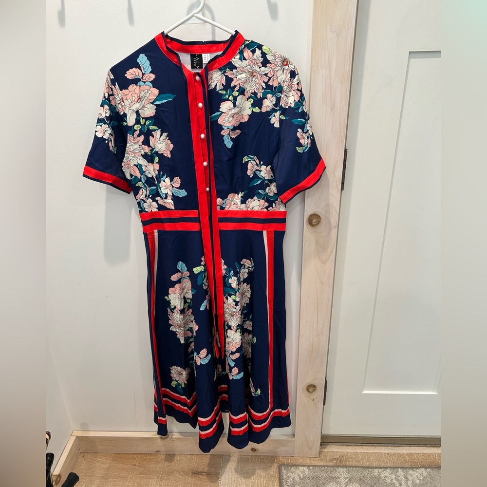 Lai Meng Five Cats Floral Navy and Red Dress Size 8 - Picture 3 of 10